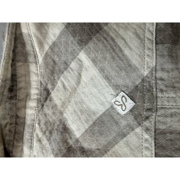 prAna Shirt Womens Medium Gray Beige Plaid Flannel Lined Snap Shacket Outdoor - Picture 5 of 6